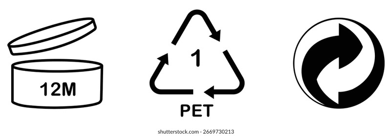 Recycling icons showing triangle mark, PET code and 12M open jar symbol used for product packaging and disposal guidance.