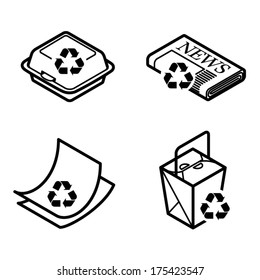 Recycling icons - takeaway container, newspaper, paper, and cartons.