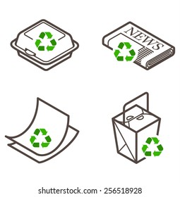 Recycling icons - takeaway container, newspaper, paper, and cartons. 