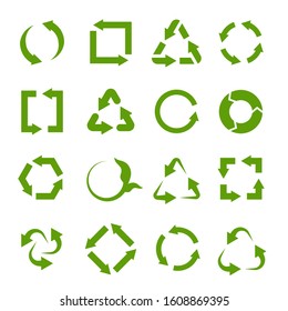 Recycling icons. Various green circle arrow symbols. Waste reuse recycle, garbage and biodegradable trash, ecology protection vector recyclability material signs
