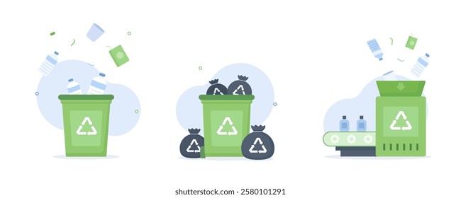 Recycling illustration set. collecting trash, waste disposal, and material reuse. Ideal for sustainability campaigns, environmental education, and waste management infographics. Vector Illustration.