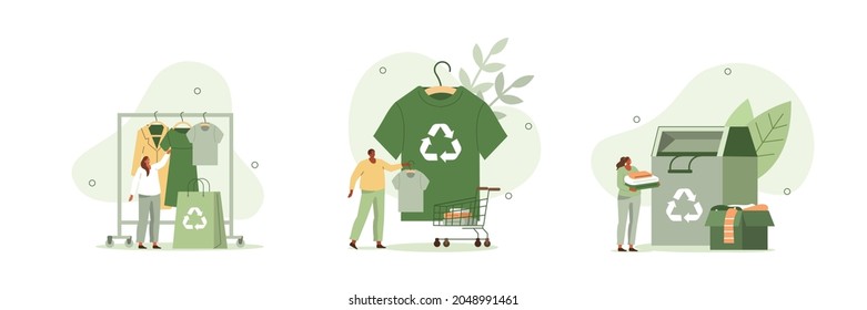 
Les gens qui achètent des textiles et trient de vieux vêtements dans le recyclage peuvent. Recyclage et concept de mode durable. Illustration vectorielle de dessin animé à plat et ensemble d'icônes.