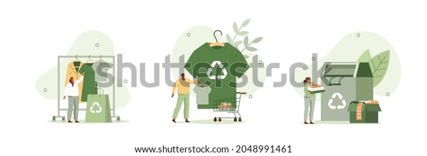 \
Recycling\
illustration set. People characters buying recycling textile and\
sorting old clothes in recycling can. Recycle and sustainable\
fashion concept. Vector\
illustration.
