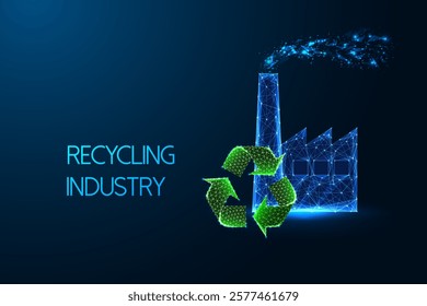 Recycling industry concept with glowing polygonal factory and green recycling symbol on dark blue background. Sustainability, industrial waste management. Modern low-poly abstract vector illustration.