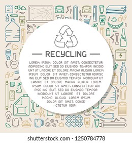 Recycling information placard with different types of waste and sample text. Linear style vector illustration