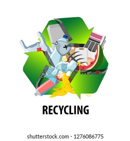 Recycling label with different types of waste. Reduce pollution sign. Vector illustration