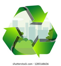 Recycling label with the park zone and town inside. Reduce pollution sign. Vector illustration