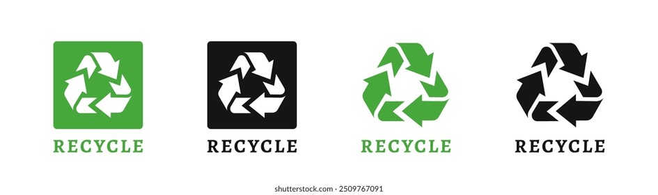 Recycling label. Recycle badge. 100% Recycle label. Recycling icon. Recycle, reuse and reduce icons.