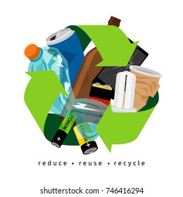 Recycling label with trash and recycle sign, on white background, vector illustration