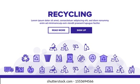Recycling Landing Web Page Header Banner Template Vector. Recycling Sign On Location GPS Mark And File, Waste Basket And Laptop Monitor Linear Pictograms. Dumptruck Illustration