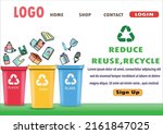 Recycling landing web page.bins and garbage in web conversion and use of secondary raw materials. Waste, wastrel, recycling, bin, recycling symbol.