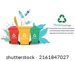 Recycling landing web page.bins and garbage in web conversion and use of secondary raw materials. Waste, wastrel, recycling, bin, recycling symbol.