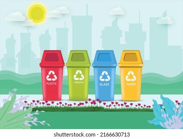 Recycling landing web page.bins and garbage.They are on the road in town Waste, waste, recycling, bin, recycling symbol.