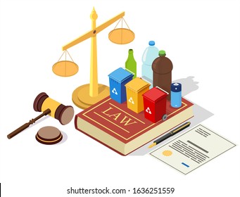 Recycling laws vector concept illustration. Legal symbols Law book with trash cans and household waste, scales of justice, judge gavel, agreement. Isometric composition for web banner, website page.