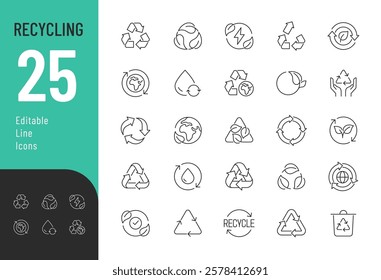 Recycling Line Editable Icons set. Vector illustration in modern thin line style of ecology related icons: green energy, water, earth care, and more. Pictograms and infographics.