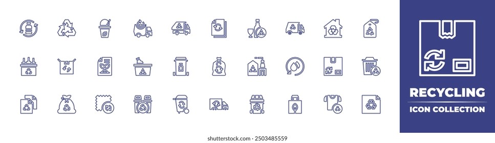 Recycling line icon collection. Editable stroke. Vector illustration. Containing recyclable, recyclebottle, trash, recycling, garbagetruck, ecopackaging, recycledpaper, recycled.