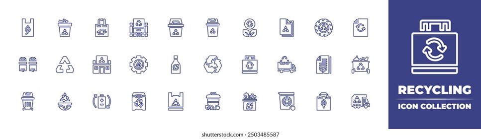 Recycling line icon collection. Editable stroke. Vector illustration. Containing recycle, recyclebin, eco, recycling, glass, recyclebag, recycledbag, recycledplasticbag, recyclingcenter.