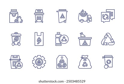 Recycling line icon set. Editable stroke. Vector illustration. Containing tag, trash, garbagetruck, eco, recyclebin, recycling, recyclingbin, recycledplasticbag, recycle.