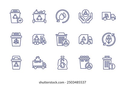 Recycling line icon set. Editable stroke. Vector illustration. Containing recycling, truck, watercycle, ecological, trash, recyclingbin, recyclingtruck, recycle, recyclebin.