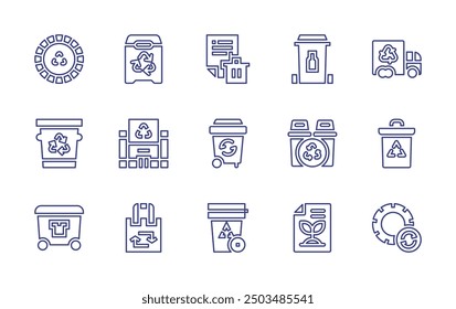 Recycling line icon set. Editable stroke. Vector illustration. Containing ecopackaging, recycling, recyclebin, recycled, recyclingbin, recycle, recyclingtruck.