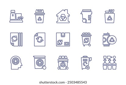 Recycling line icon set. Editable stroke. Vector illustration. Containing papersheet, recyclingcenter, recycled, recyclebin, recyclingplant, recycling, paperrecycle.