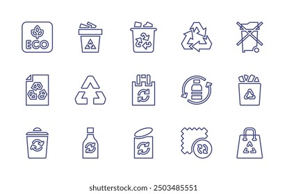 Recycling line icon set. Editable stroke. Vector illustration. Containing recycle, recyclebottle, electrical, recycling, recyclingcontainer, ecofriendly, recyclebin, recycledpaper, recycledbag.