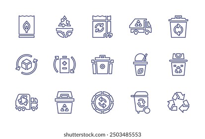 Recycling line icon set. Editable stroke. Vector illustration. Containing recycled, recyclebin, recycle, ecopackaging, garbagetruck, recyclingbin, recycling, recyclebag.