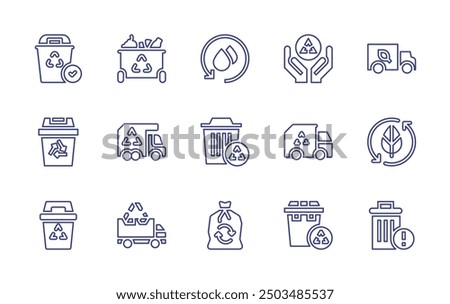 Recycling line icon set. Editable stroke. Vector illustration. Containing recycling, truck, watercycle, ecological, trash, recyclingbin, recyclingtruck, recycle, recyclebin.