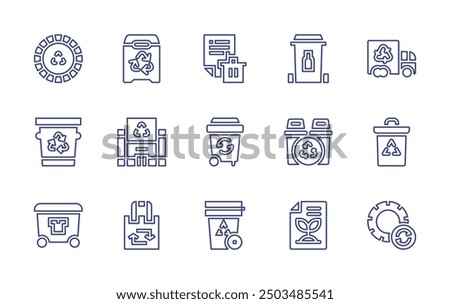 Recycling line icon set. Editable stroke. Vector illustration. Containing ecopackaging, recycling, recyclebin, recycled, recyclingbin, recycle, recyclingtruck.