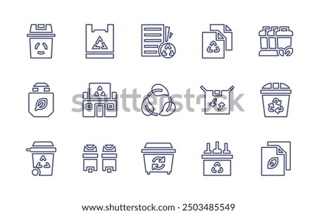 Recycling line icon set. Editable stroke. Vector illustration. Containing ecobag, recyclebag, recyclebin, recyclingcenter, recyclable, recyclesign, recycle, recycling.