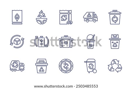 Recycling line icon set. Editable stroke. Vector illustration. Containing recycled, recyclebin, recycle, ecopackaging, garbagetruck, recyclingbin, recycling, recyclebag.