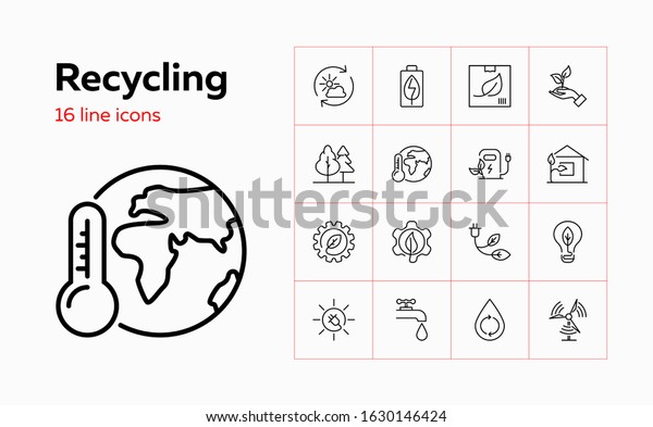 Recycling line\
icon set. Forest, car charge station, water resource. Ecology\
concept. Can be used for topics like environment protection,\
sustainable development, alternative\
fuel