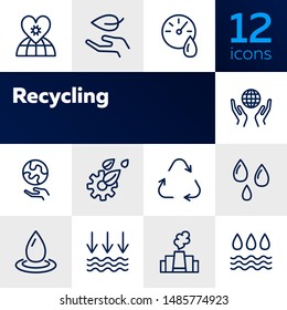 Recycling line icon set. Leaf, globe, hand, manufacture. Ecology concept. Can be used for topics like environment pollution, fresh water, nature