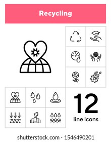 Recycling line icon set. Leaf, globe, hand, manufacture. Ecology concept. Can be used for topics like environment pollution, fresh water, nature