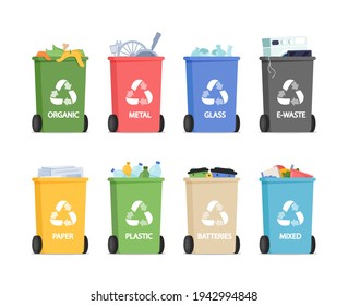 Recycling Litter Bins for Separated Garbage Organic, Metal, Glass with E-Waste and Paper or Plastic Trash, Battaries and Mixed Rubbish. Equipment for Ecology Protection. Cartoon Vector Illustration