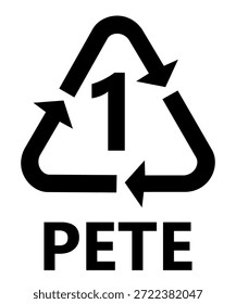 Logotipo de reciclagem com o número 1 no centro, representando Plastic Resin Code 1 PET ou PETE. O projeto inclui o símbolo de reciclagem universal com setas circulares, simbolizando sustentabilidade, responsabilidade ambiental e materiais plásticos recicláveis comumente usados para garrafas de bebidas e embalagens.