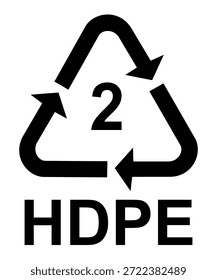 Logotipo de reciclaje con el número 2 en el centro, que representa el Código de resina plástica 2 HDPE. El diseño utiliza el símbolo del reciclaje universal con flechas circulares, que simbolizan la sostenibilidad, las prácticas ecológicas y los materiales plásticos reciclables que se utilizan comúnmente para botellas de detergente, envases de leche y empaques domésticos.