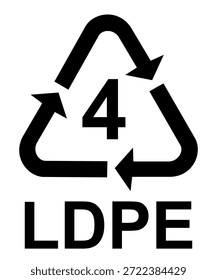 Logo de reciclaje con el número 4 en el centro, que representa el código de resina plástica 4 LDPE. El diseño incluye el símbolo de reciclaje universal con flechas circulares, que simboliza la sostenibilidad, la responsabilidad ambiental y los materiales plásticos reciclables que se utilizan comúnmente para bolsas de plástico, envolturas de películas y empaques flexibles.