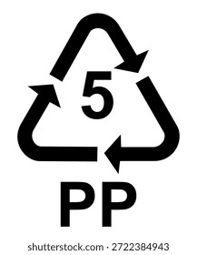 Logotipo de reciclaje con el número 5 en el centro, que representa el código de resina plástica 5 PP o polipropileno. El diseño incluye el símbolo de reciclaje universal con flechas circulares, que simboliza la sostenibilidad, la responsabilidad ambiental y los materiales plásticos reciclables que se utilizan comúnmente para envases de alimentos, tapas de botellas y empaques domésticos.