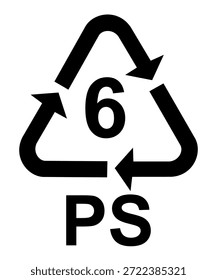 Logotipo de reciclaje con el número 6 en el centro, que representa el código de resina plástica 6 PS o poliestireno. El diseño incluye el símbolo de reciclaje universal con flechas circulares, que simboliza la sostenibilidad, la conciencia ambiental y los materiales plásticos reciclables que se utilizan comúnmente para vasos desechables, bandejas de alimentos y envases protectores.