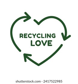 Recycling love, heart shape green arrows, recycle vector icon