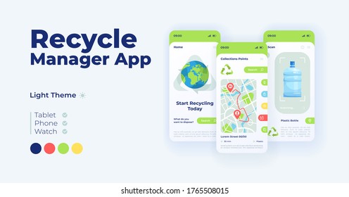 Recycling manager cartoon smartphone interface vector templates set. Mobile app screen page day mode design. Garbage sorting and waste management UI for application. Phone display with flat characters