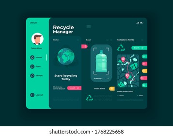 Recycling manager tablet interface vector template. Mobile app page night mode design layout. User profile screen. Flat UI for application. Waste management assistance on portable device display