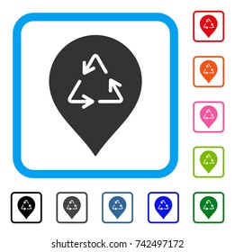 Recycling Marker icon. Flat grey iconic symbol in a light blue rounded rectangular frame. Black, gray, green, blue, red, orange color versions of Recycling Marker vector.
