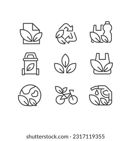 Materiales de reciclaje píxeles ajuste de iconos lineales perfectos. Reutilizar los residuos. Industria ecológica. Símbolos de línea delgada personalizables. Ilustraciones aisladas del contorno vectorial. Trazo editable