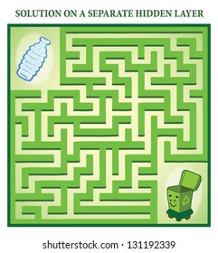 Recycling Maze Game (help the empty plastic bottle find the right way to recycling bin - Maze puzzle with solution