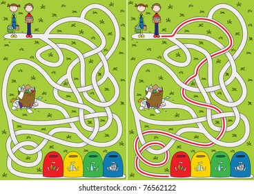 Recycling maze for kids with a solution