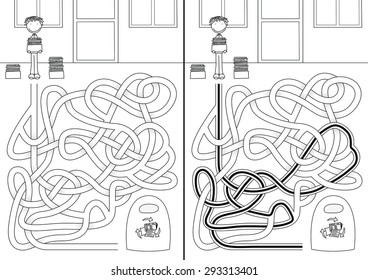 Recycling maze for kids with a solution in black and white