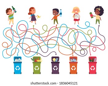 Recycling maze for kids with a solution.Labyrinth game to find way of waste to proper container.Eco and environment friendly eduction.Connect recycle can and garbage puzzle.Vector flat illustration.