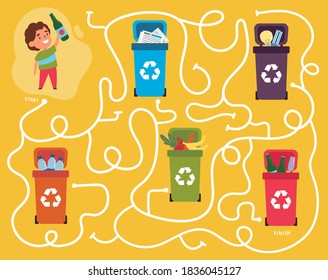 Recycling maze for kids with a solution.Labyrinth game to find way of glass waste to proper container.Eco and environment friendly eduction.Connect recycle can and garbage puzzle.Vector.